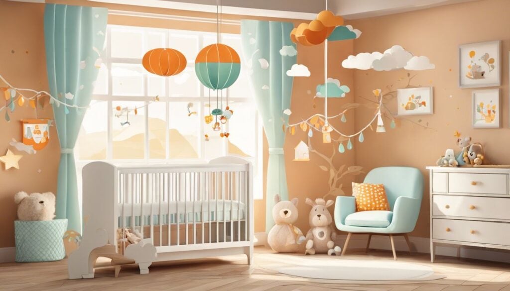 Een knusse en warm verlichte kinderkamer met handgemaakte baby mobielen en gepersonaliseerde muurkunst.