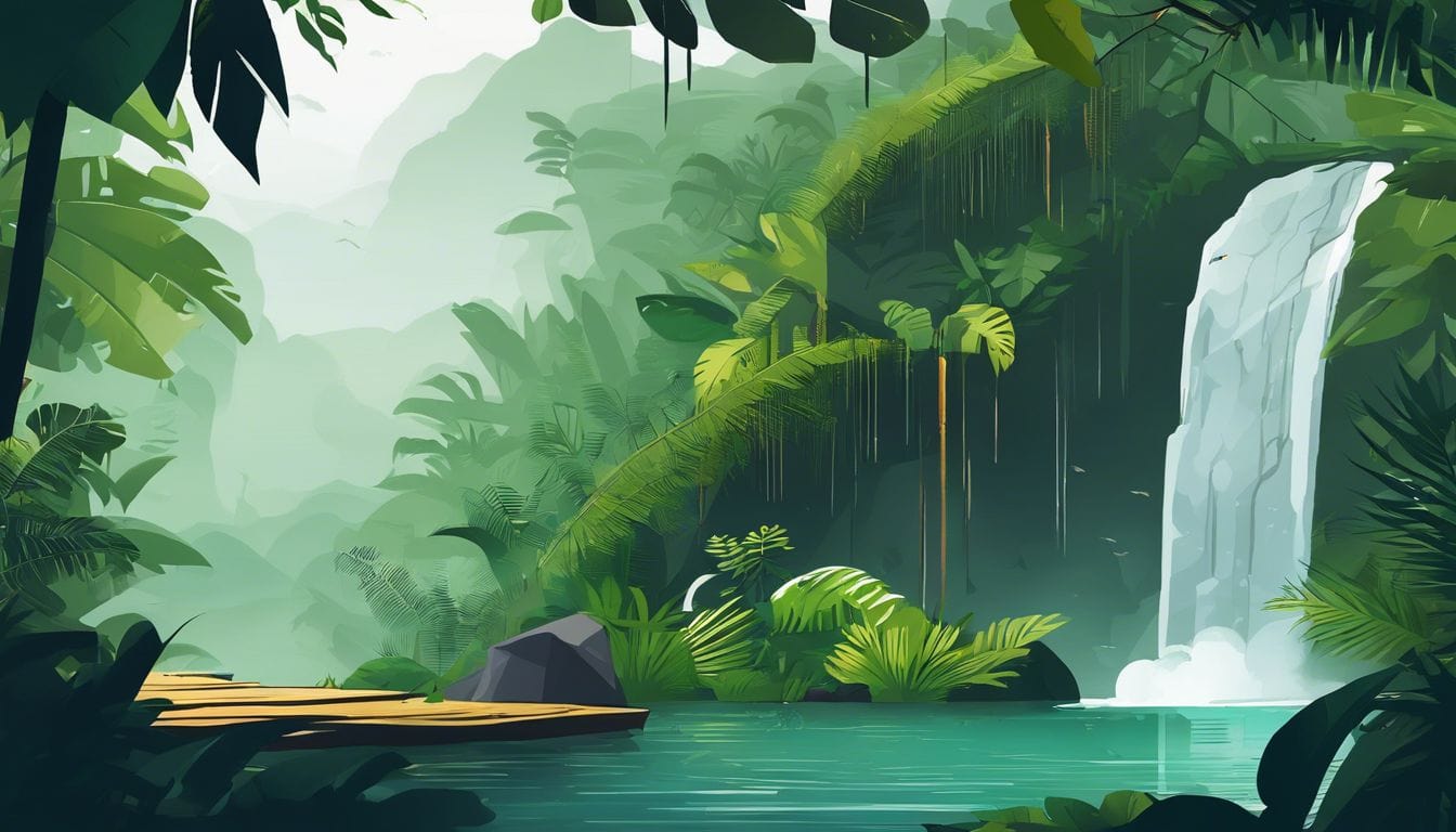 Een ongerepte jungle met een verborgen waterval, perfect voor avontuur.