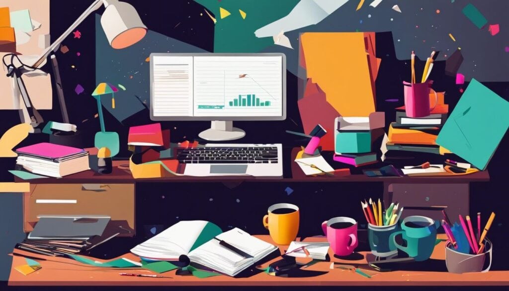 Een rommelig bureau met kantoorbenodigdheden en cadeaus in wanorde.