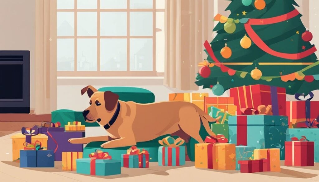 Een gezellige woonkamer met hondenspeelgoed en cadeautjes voor verschillende gelegenheden.