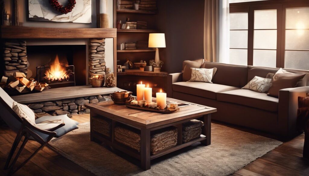 Gezellige woonkamer met cadeau en liefdesbrief op tafel.