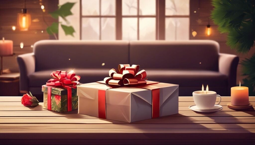 Een gezellige woonkamer met een mooi ingepakte cadeaubox op een rustieke houten tafel.