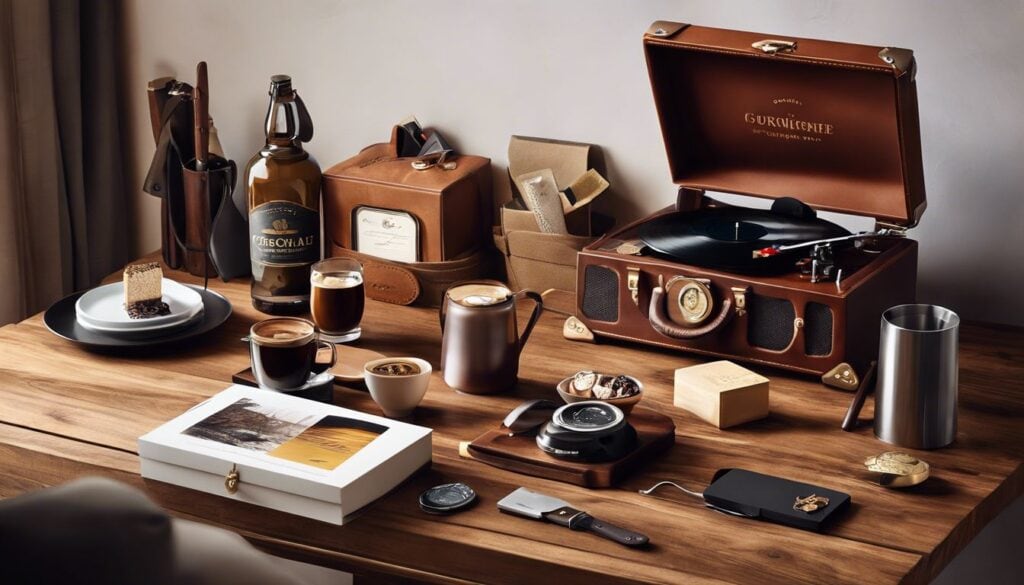 Een selectie van tien doordachte cadeauartikelen voor een schoonvader op een rustiek houten tafel.