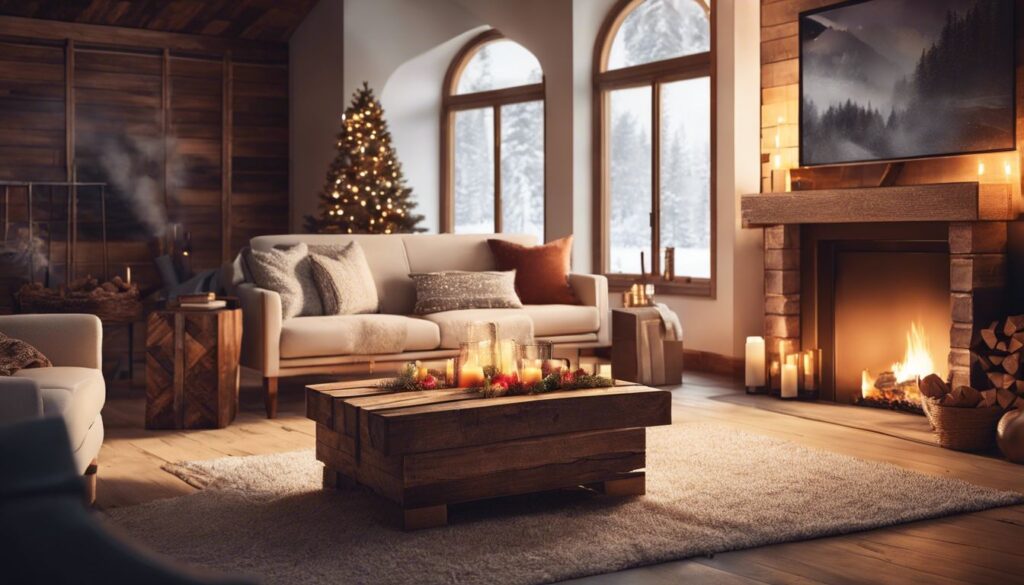 Een comfortabele woonkamer met een mooi ingepakt cadeau op een rustieke houten salontafel.