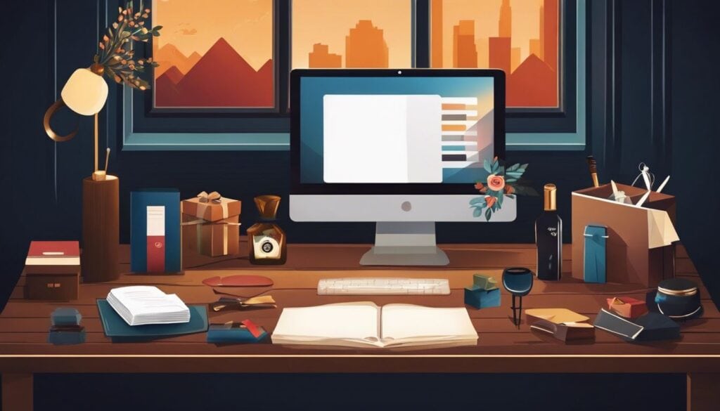 Een houten bureau gevuld met unieke geschenken voor de bruidegom.