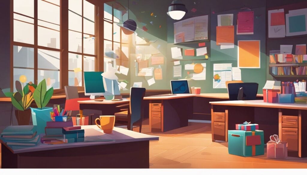 Een rommelig bureau met diverse geschenken voor leraar waardering.