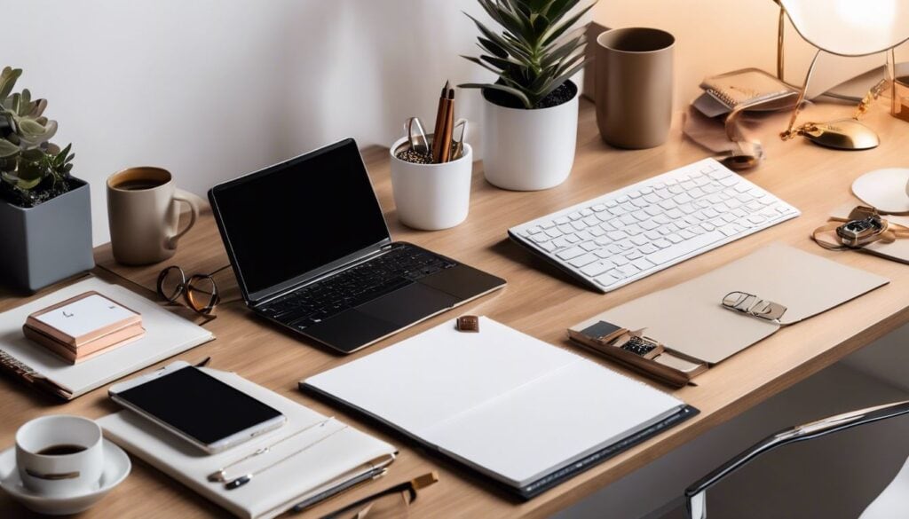 Een kantoorbureau met gepersonaliseerde geschenken voor een baas.