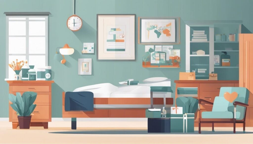 Een serene ziekenhuiskamer met opbeurende decoratie en cadeaus.