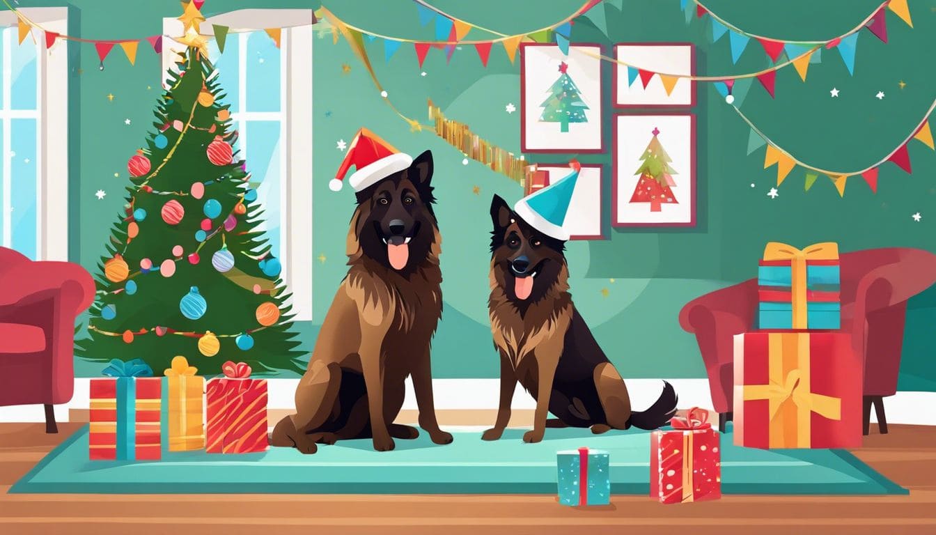 Een feestelijke scène met een Belgische Tervuren hond en geschenken.
