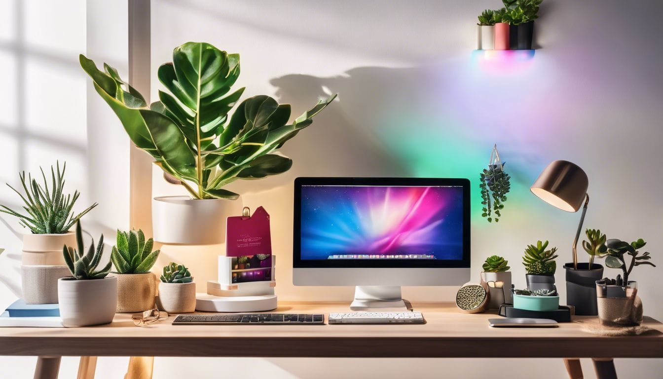 Een bureau in een kantoor met kleurrijke en praktische geschenken. Een bureau in een kantoor met kleurrijke en praktische geschenken.