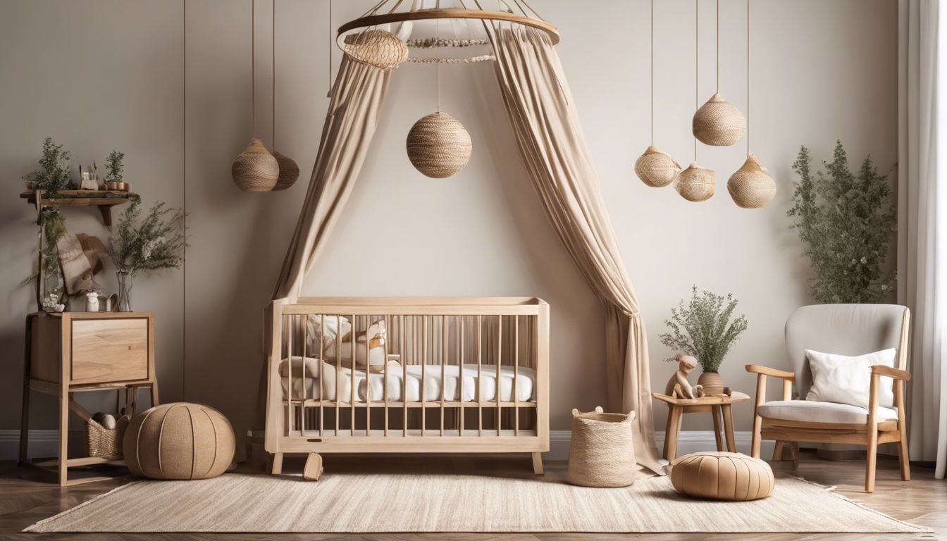 Een rustieke houten baby mobiel met aangepaste naamgravures in een rustgevende kinderkamer.