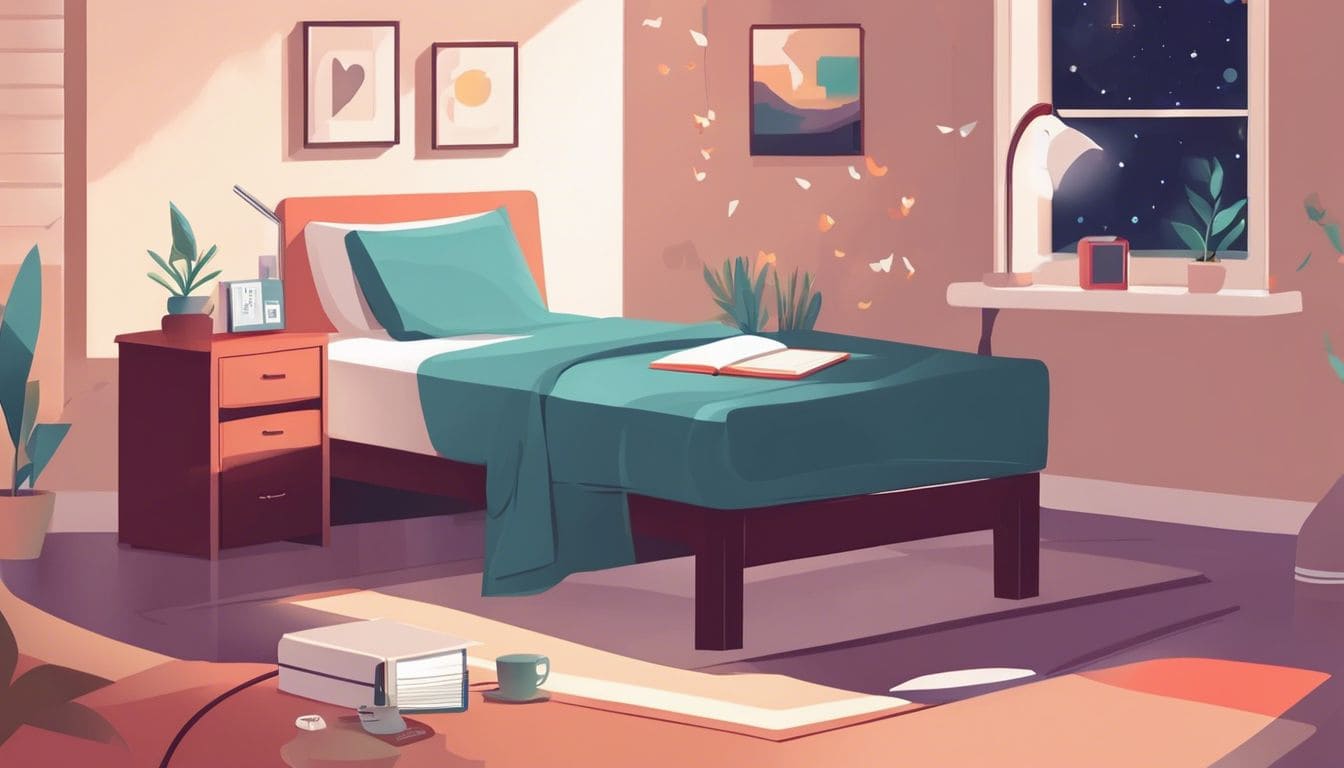 Een gezellige ziekenhuiskamer nachtkastje met kalmerende items en een gepersonaliseerd dagboek. Een gezellige ziekenhuiskamer nachtkastje met kalmerende items en een gepersonaliseerd dagboek.