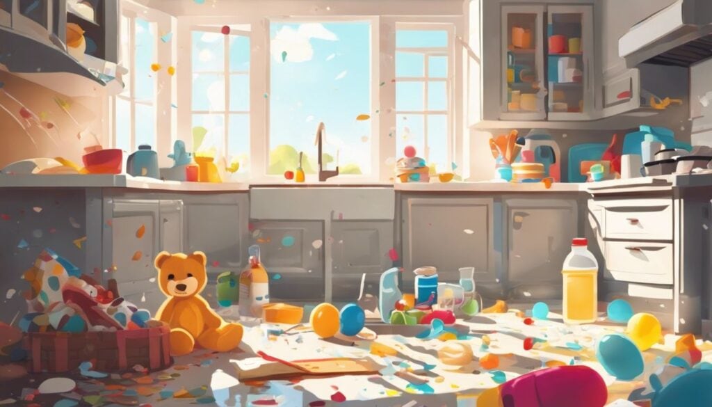 Een rommelige keuken met verspreide baby speelgoed en een bedorven babyfles.