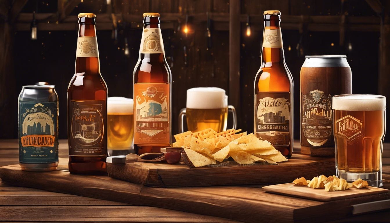 Een gepersonaliseerd bierpakket op een rustieke tafel met diverse bierflessen.