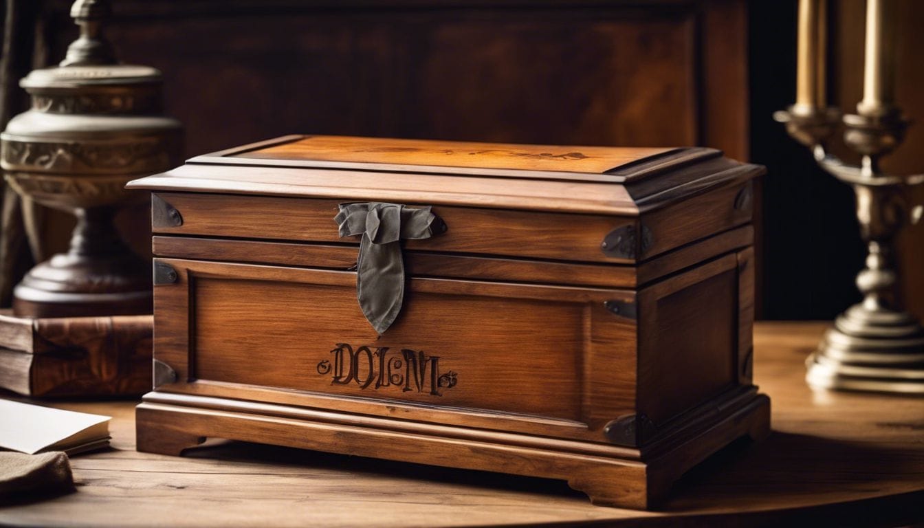 Een rustieke houten horlogebox met gegraveerde initialen op een antieke dressoir. Een rustieke houten horlogebox met gegraveerde initialen op een antieke dressoir.