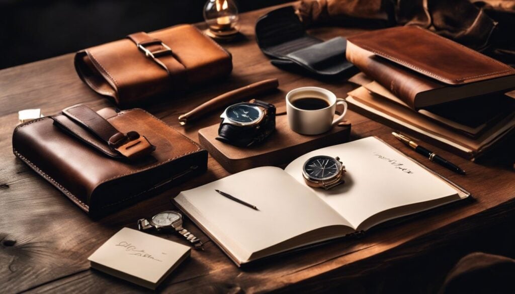 Een verzameling van vaderdagcadeaus en persoonlijke items op een houten tafel.