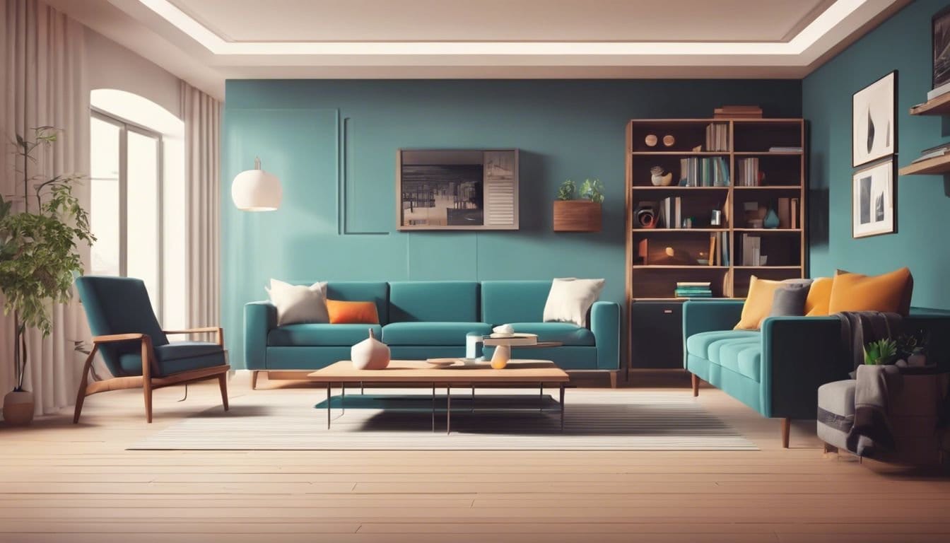 Moderne woonkamer met technologische gadgets voor dagelijks gebruik. Moderne woonkamer met technologische gadgets voor dagelijks gebruik.