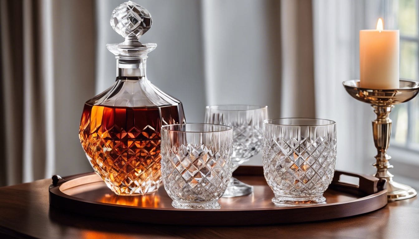 Een stijlvolle kristallen karaf en bijpassende kristallen glazen op een mahoniehouten dienblad.