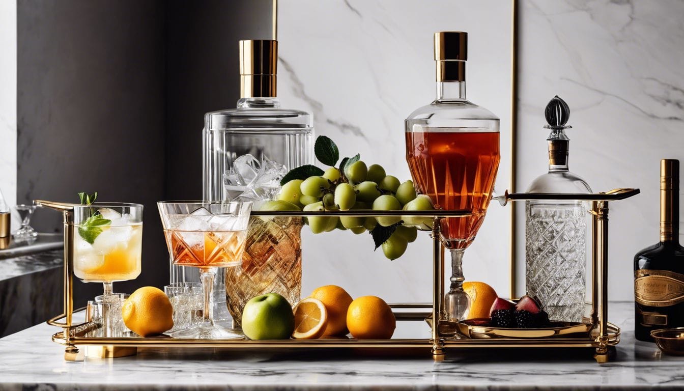 Een luxueuze cocktail set op een stijlvol marmeren aanrecht, omringd door verse vruchten en elegante glazen, creëert een chique en tijdloze sfeer. Een luxueuze cocktail set op een stijlvol marmeren aanrecht, omringd door verse vruchten en elegante glazen, creëert een chique en tijdloze sfeer.