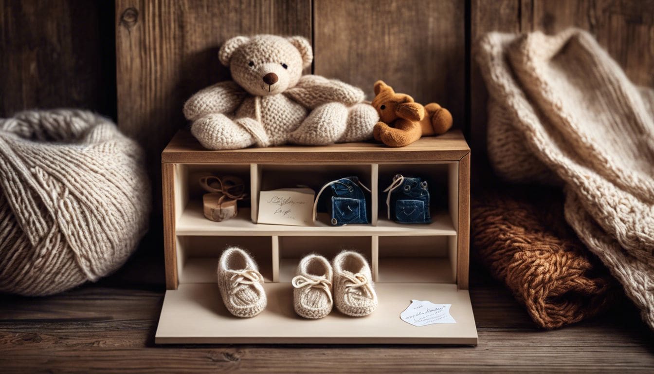 Een vintage houten schaduwdoos gevuld met baby schoentjes, echo foto’s en een handgeschreven brief op een gebreid deken naast een zachte teddybeer, straalt warmte, nostalgie en liefde uit. Een vintage houten schaduwdoos gevuld met baby schoentjes, echo foto's en een handgeschreven brief op een gebreid deken naast een zachte teddybeer, straalt warmte, nostalgie en liefde uit.