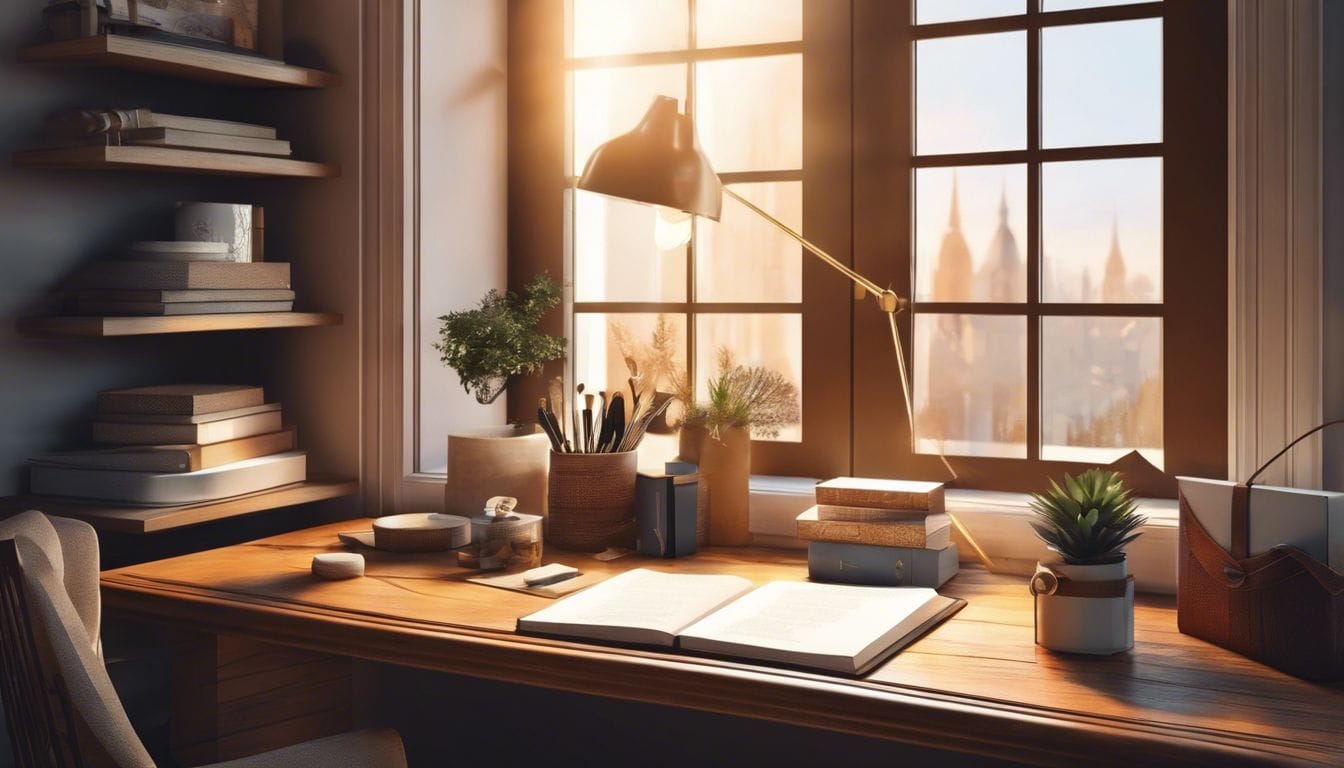 Een houten bureau vol gepersonaliseerde cadeaus. Een houten bureau vol gepersonaliseerde cadeaus.