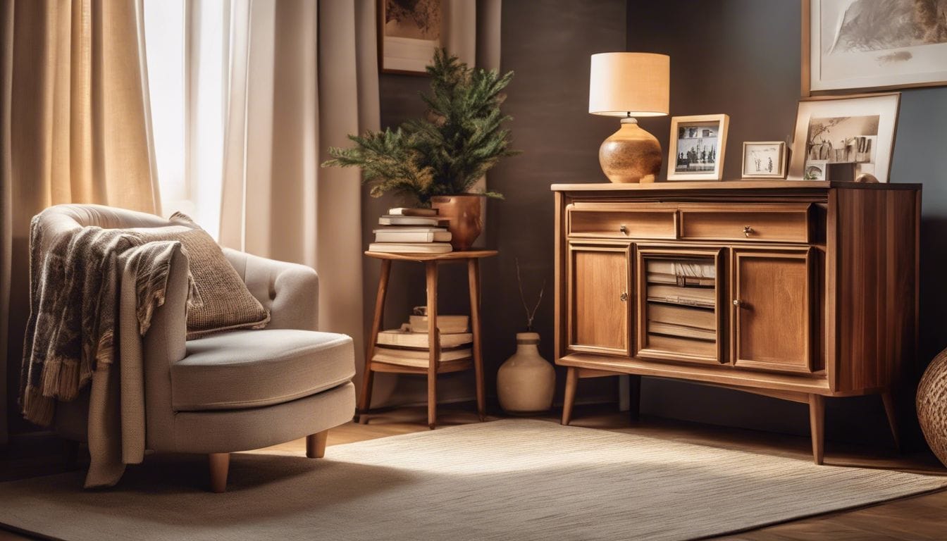 Een comfortabele woonkamer met vintage meubels en persoonlijke decoraties. Een comfortabele woonkamer met vintage meubels en persoonlijke decoraties.