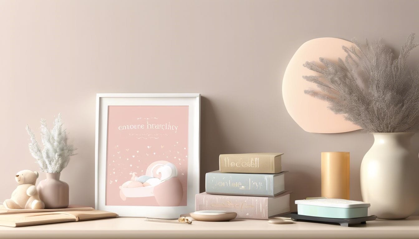 Een geliefd zwangerschapsdagboek en essenti&euml;le verzorgingsproducten voor moeder en baby op een rustige kinderkamerplank.