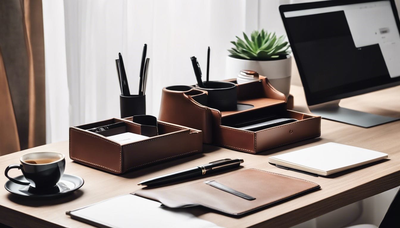 Een stijlvolle leren bureau-organizer met meerdere vakken en pennenhouder. Een stijlvolle leren bureau-organizer met meerdere vakken en pennenhouder.