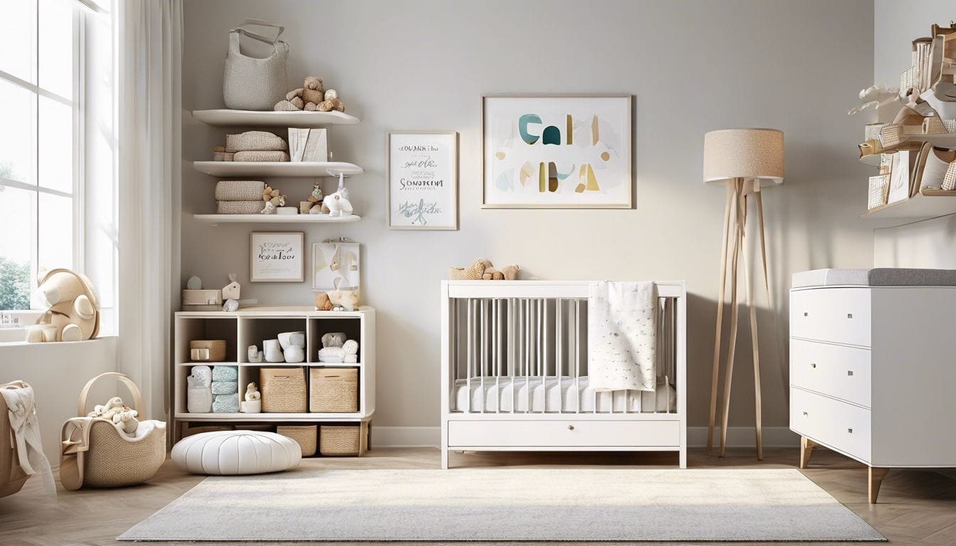 Een comfortabele hoek in een eigentijdse kinderkamer met een moderne commode en praktische babygeschenken. Een comfortabele hoek in een eigentijdse kinderkamer met een moderne commode en praktische babygeschenken.
