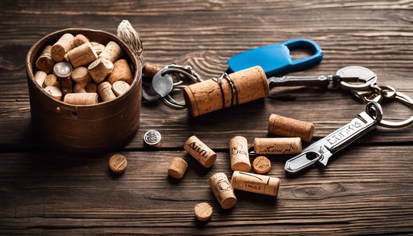 Een doe-het-zelf kurk en letter sleutelhangerproject op een rustieke houten tafel.