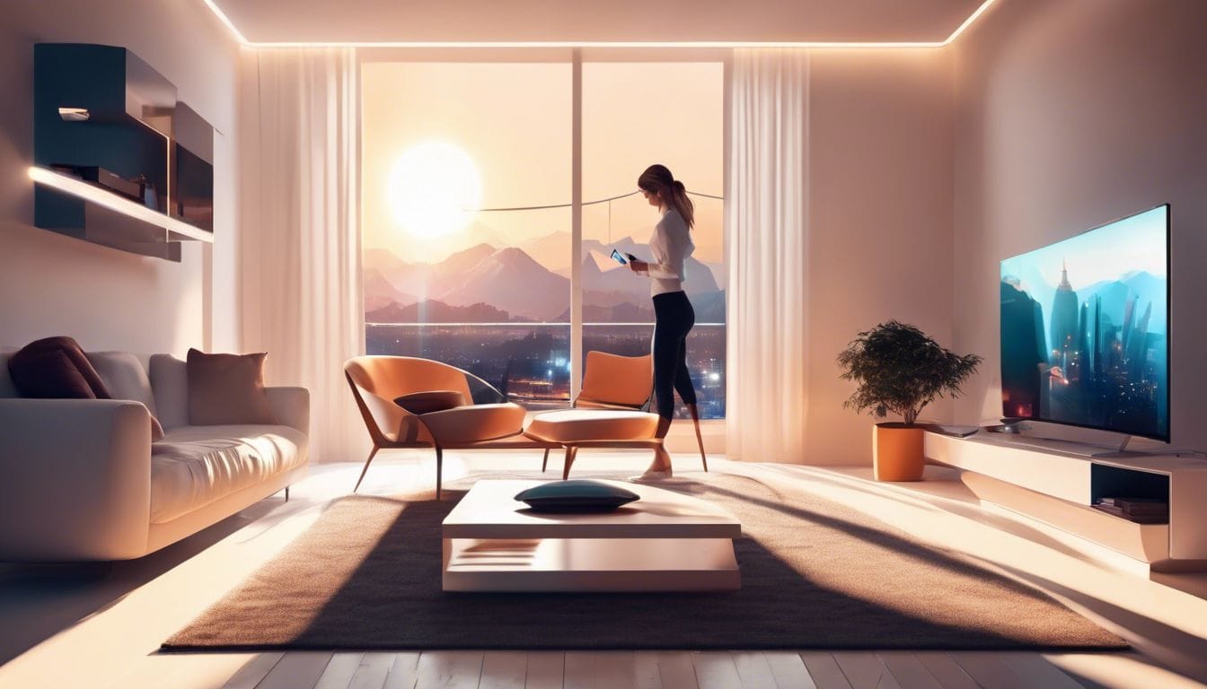 Moderne woonkamer met technologische gadgets in de avond.