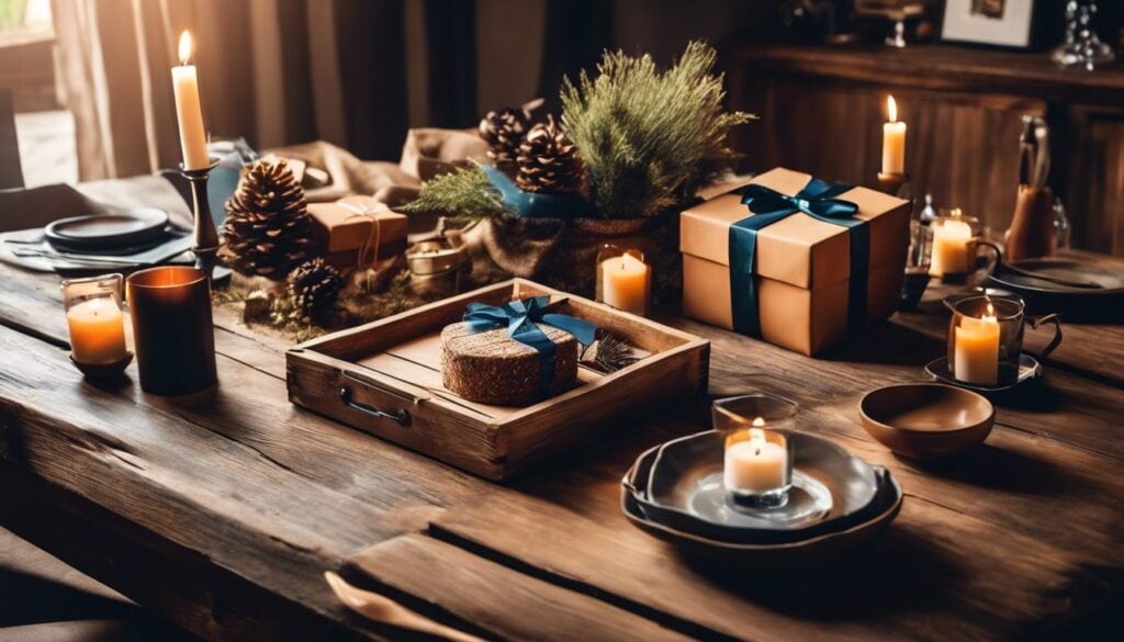 Een rustieke houten tafel vol vaderdagcadeaus in een gezellige, mannelijke omgeving.