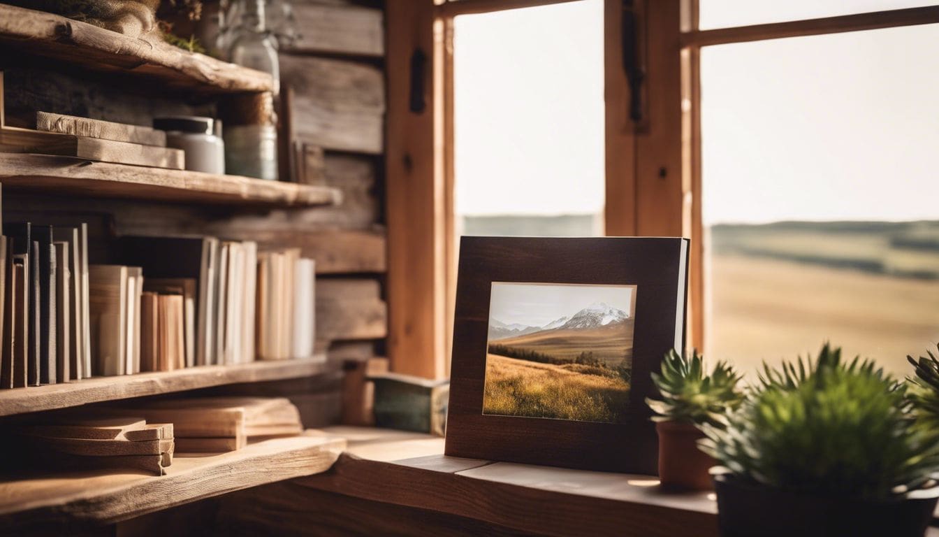 Een prachtig vormgegeven fotoboek op een rustieke houten plank.