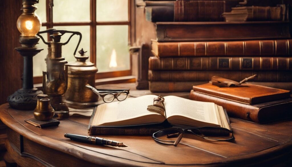 Een vintage houten bureau met oude boeken en luxe schrijfaccessoires.