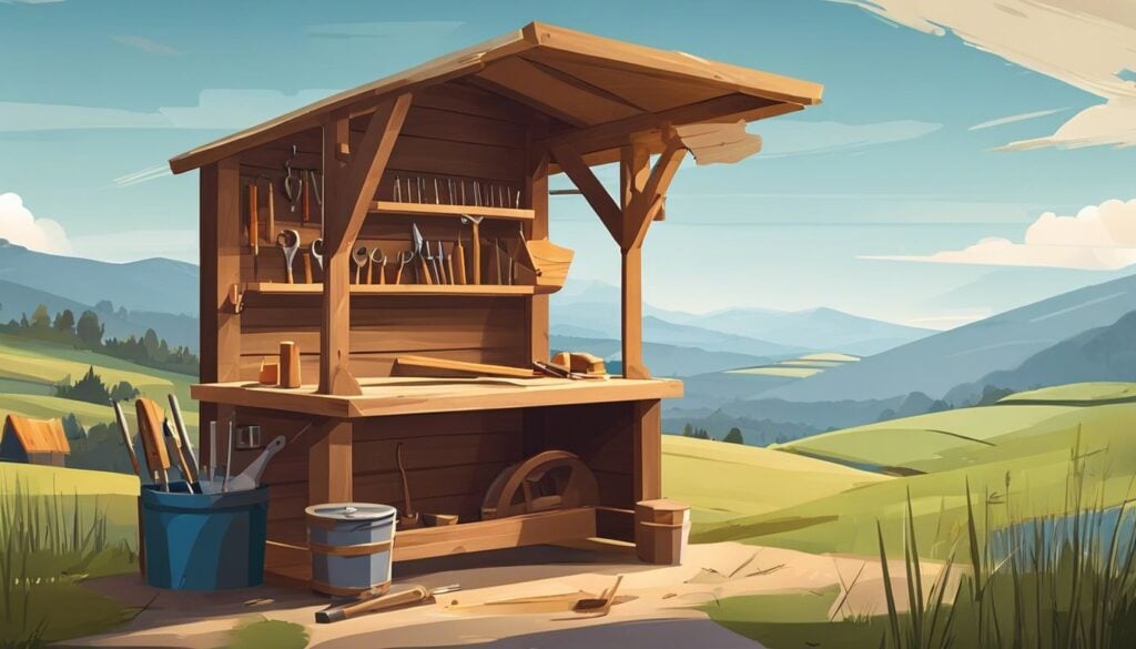 Een rustieke houten gereedschapsschuur met ambachtelijke gereedschappen en een persoonlijke vader-zoon gereedschapsset op een werkbank, omgeven door een rustgevend landschap.