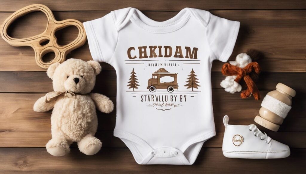 Een rustieke houten tafel met babybenodigdheden in flat designstijl.