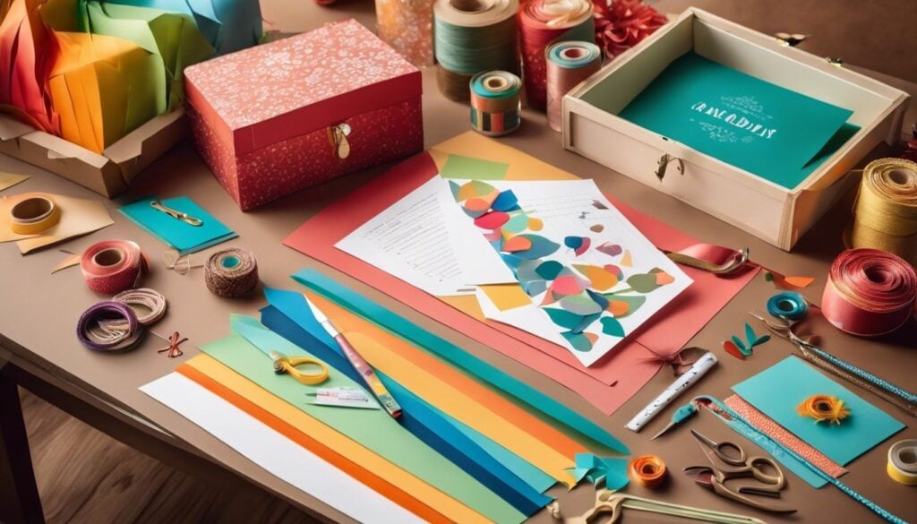 Een ambachtelijke tafel vol kleurrijke knutselprojecten voor Vaderdag.