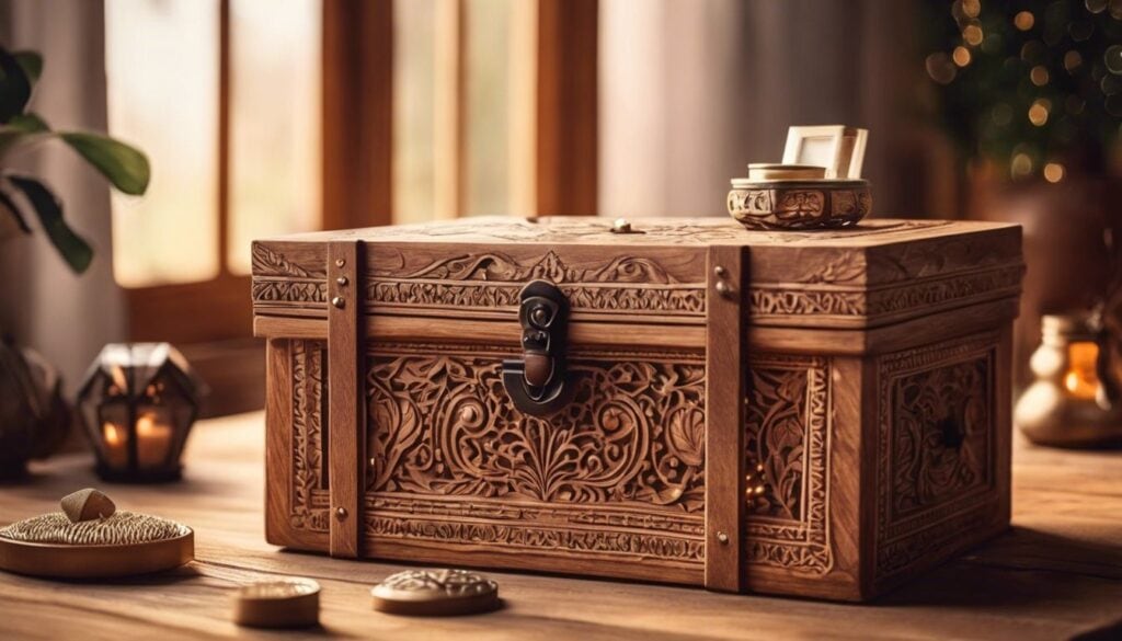 Een houten geschenkdoos met snijwerk en kleine snuisterijen.
