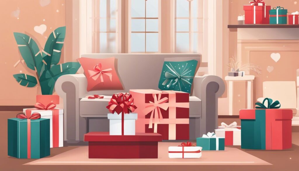 Een gezellige woonkamer met een prachtig verpakte cadeaubox en persoonlijke geschenken.