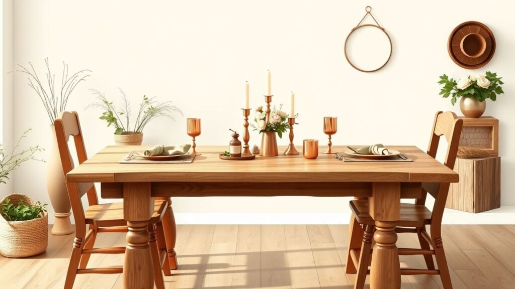 Een rustieke eettafel gedekt voor een koperen jubileumviering.