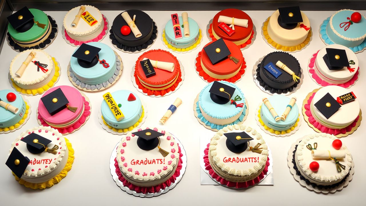 Een bakkerijdisplay met feestelijke afstudeertaarten en decoraties.