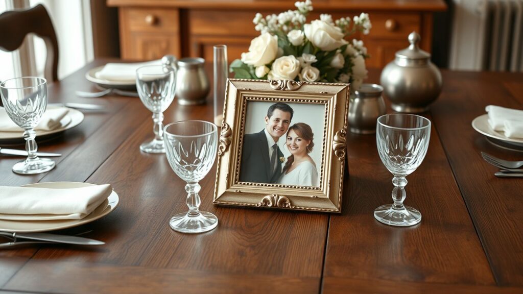 Een elegante tafelsetting voor een trouwjubileumviering met gepersonaliseerde decoratie.