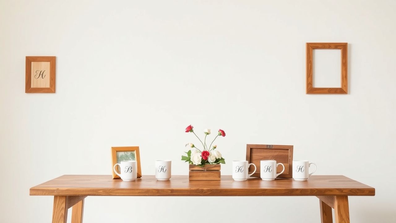 Een gepersonaliseerde trouwtafel met houten, gegraveerde fotolijstjes en monogramtheedoeken.