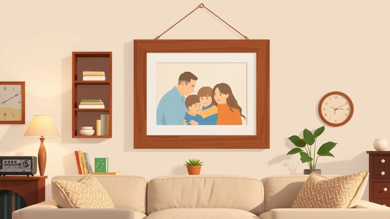 Een gezellige woonkamer met een foto van geliefden in een houten lijst. Een gezellige woonkamer met een foto van geliefden in een houten lijst.