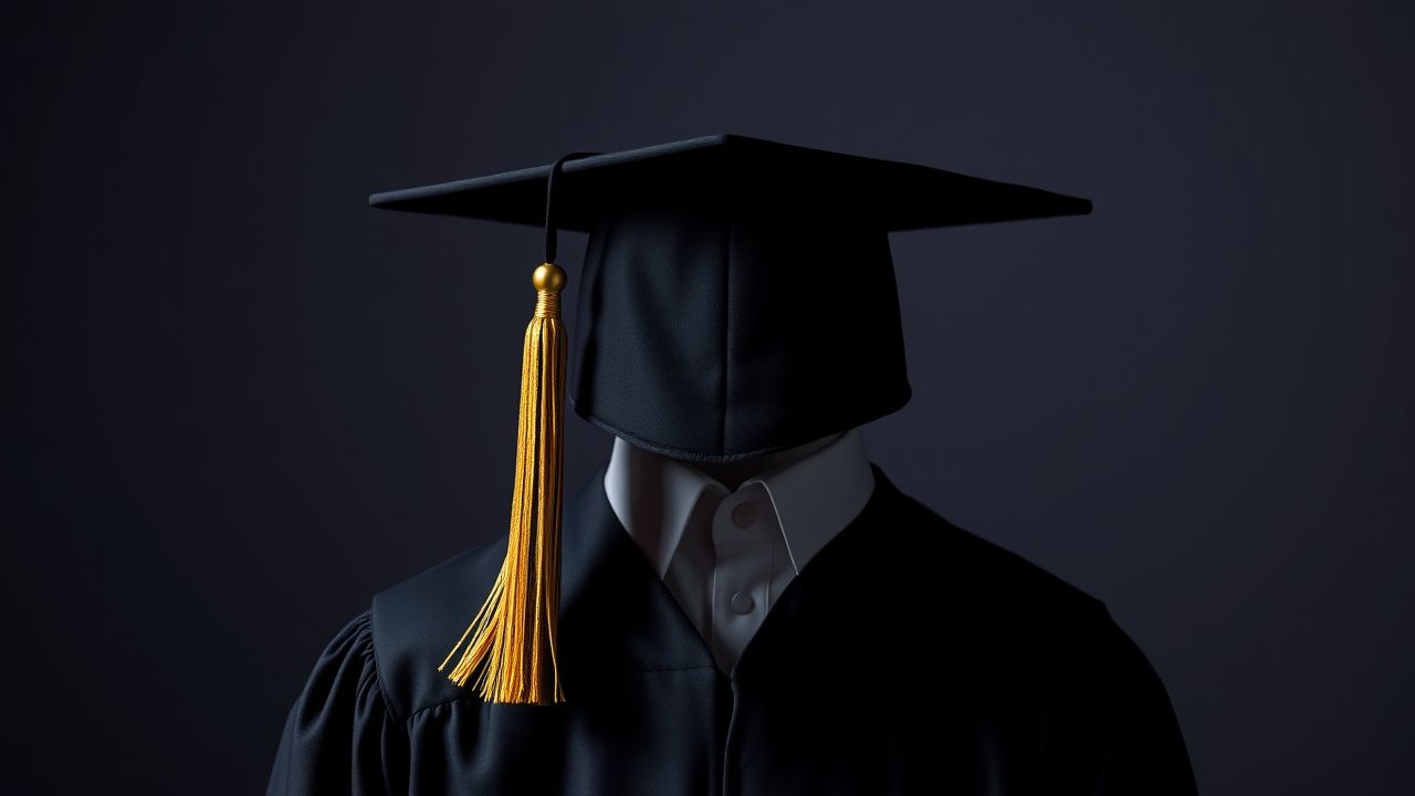 Een afstudeermuts en toga worden tentoongesteld op een standaard.