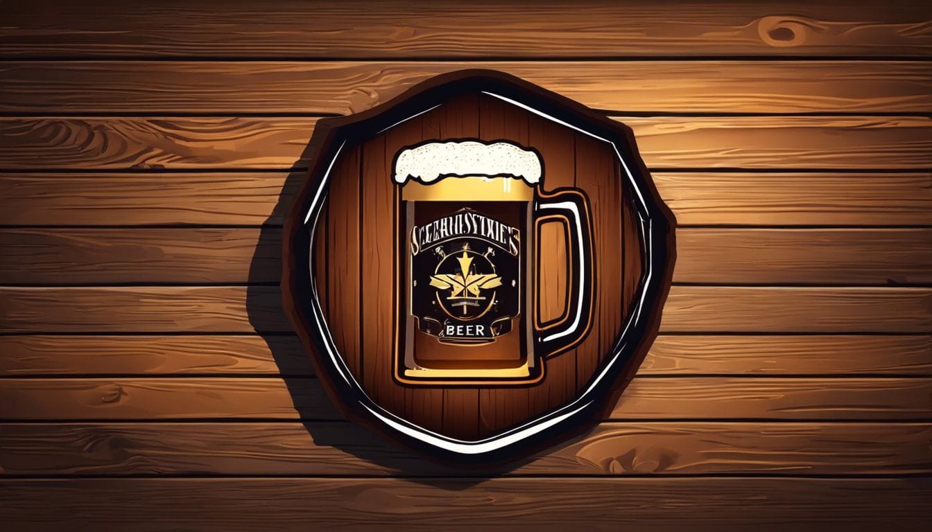 Een gepersonaliseerde bierpul met embleem op een rustieke tafel.