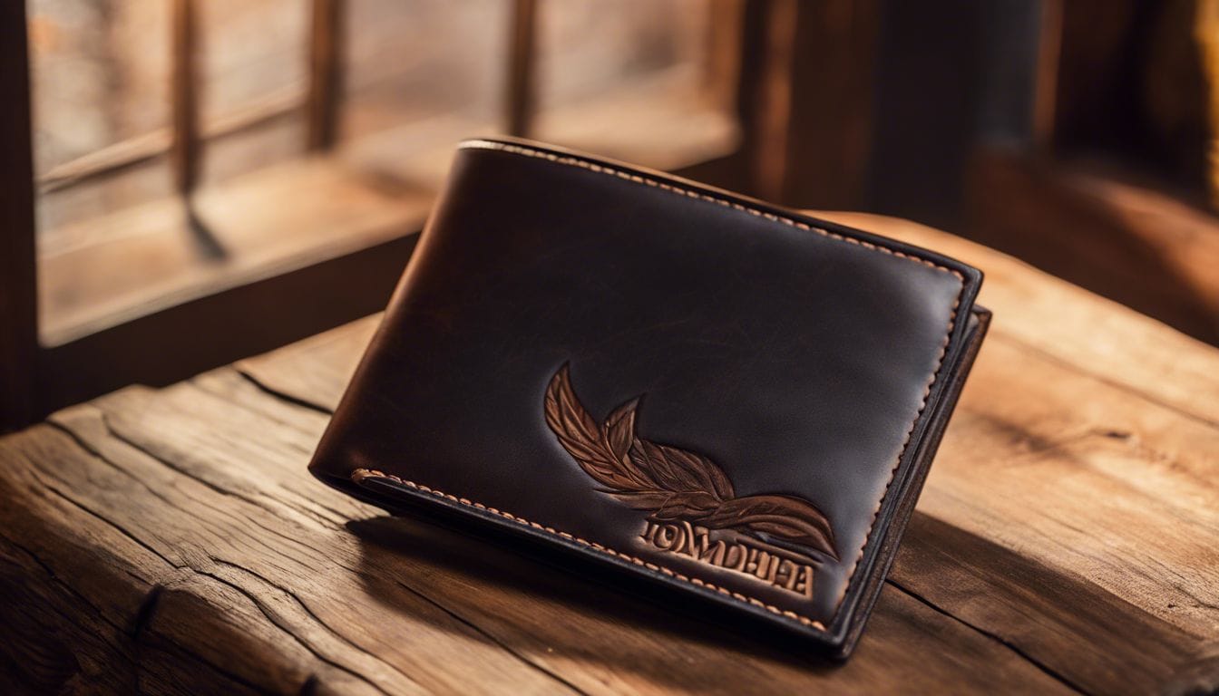 Een gepersonaliseerde leren portemonnee met gegraveerde initialen op een rustieke houten tafel.