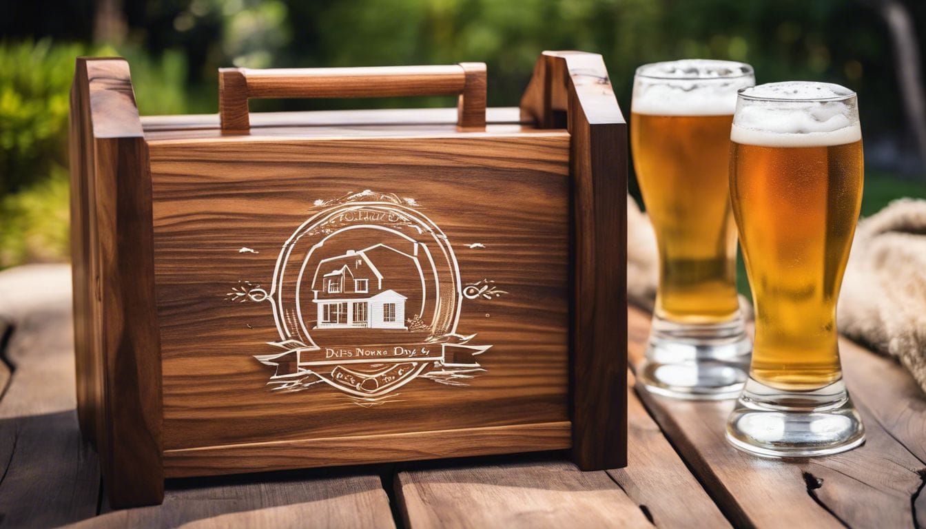 Een gepersonaliseerde houten bierdrager als Vaderdagcadeau in een gezellige achtertuinsetting.