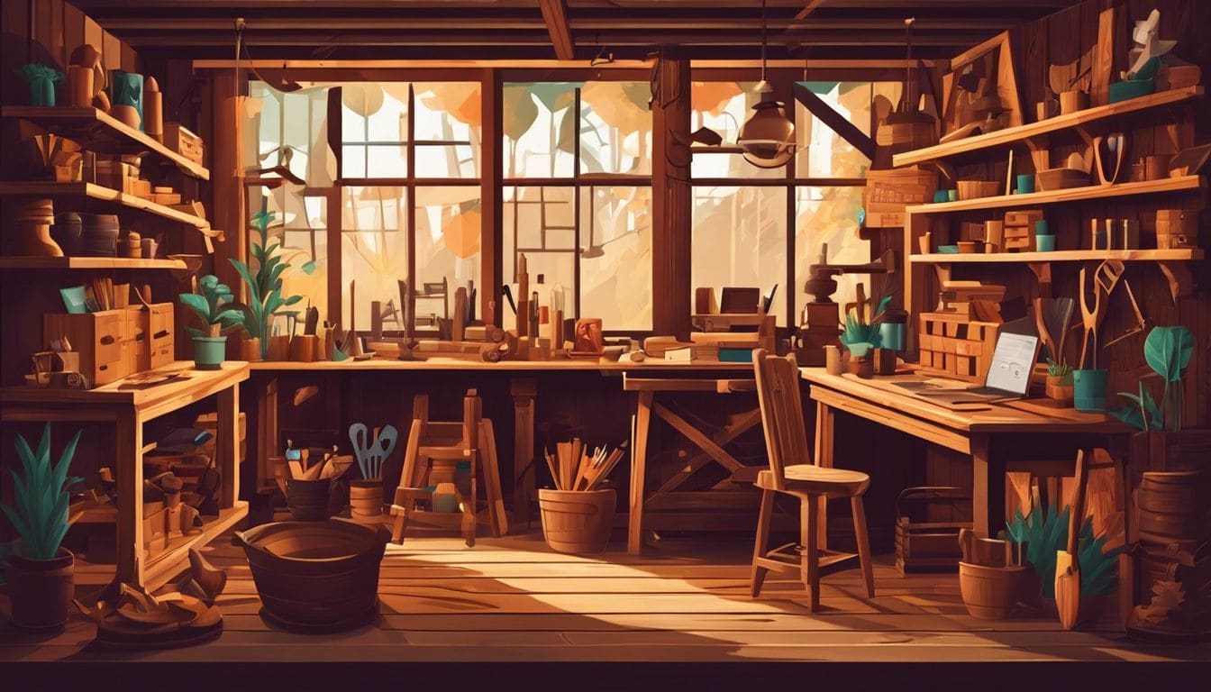 Een houten graveerwerkplaats met gepersonaliseerde naamborden en beeldjes. Een houten graveerwerkplaats met gepersonaliseerde naamborden en beeldjes.