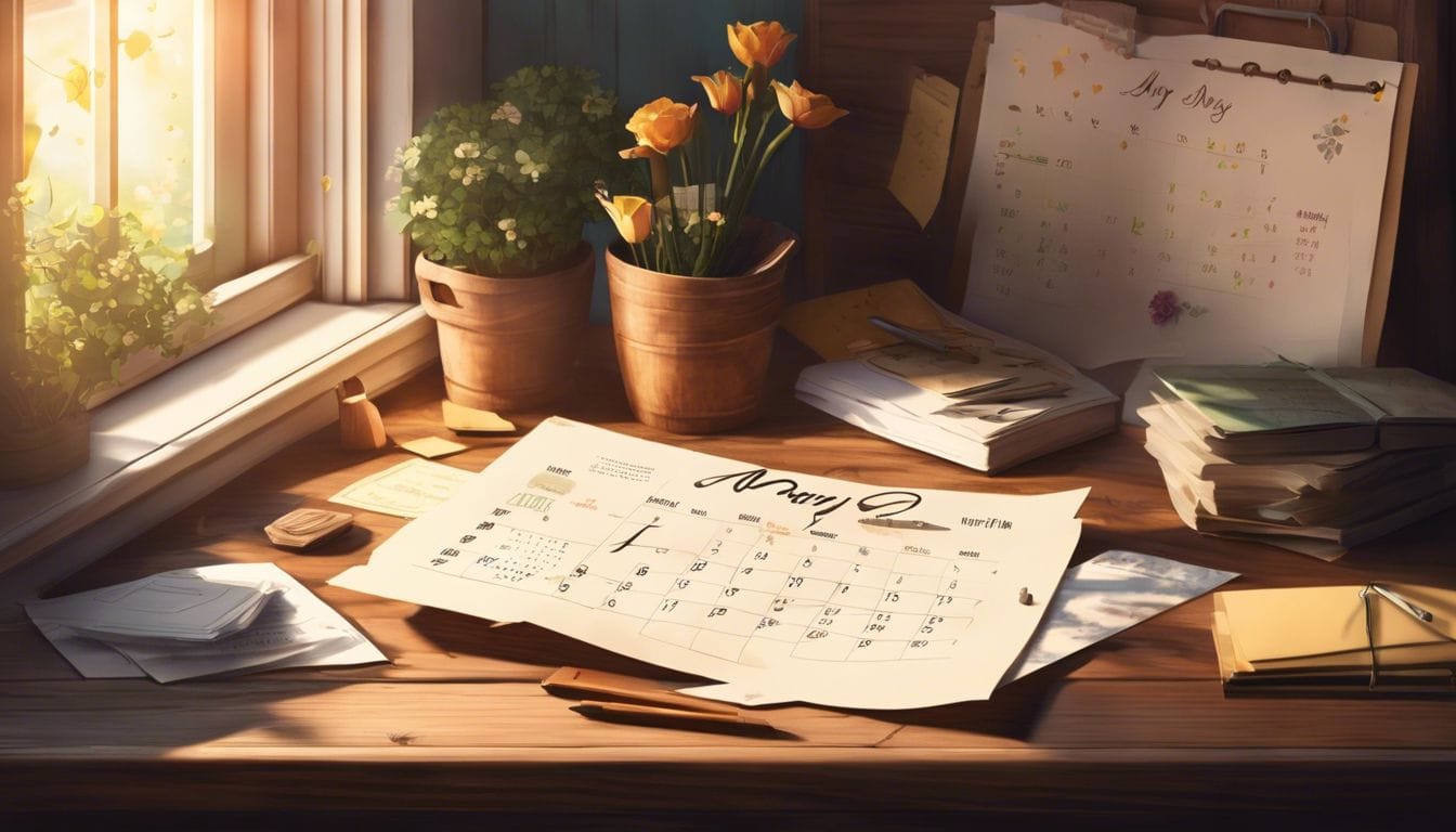 Een oude houten bureau met een kalender open voor mei, omringd door attente handgeschreven notities en schetsen voor Moederdag. Een oude houten bureau met een kalender open voor mei, omringd door attente handgeschreven notities en schetsen voor Moederdag.